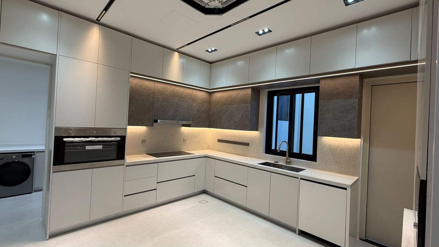 Fitted kitchen with feature lighting